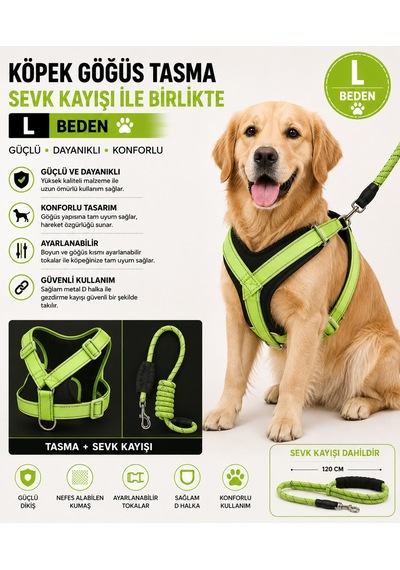 Köpek Göğüs Tasması Ve Halat Sevk Kayışı Seti L Beden Reflektörlü - Yeşil
