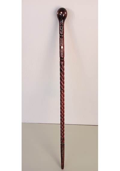 Ahşap Baston Kt-02 Topuz Başlı Gürgen Oyma, Pirinç Tel İşlemeli Baston