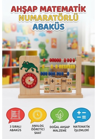 Ahşap Matematik Numaratörlü Abaküsü Renkli Sayı Boncuklu İşlemli Eğitici Oyuncak Seti 1