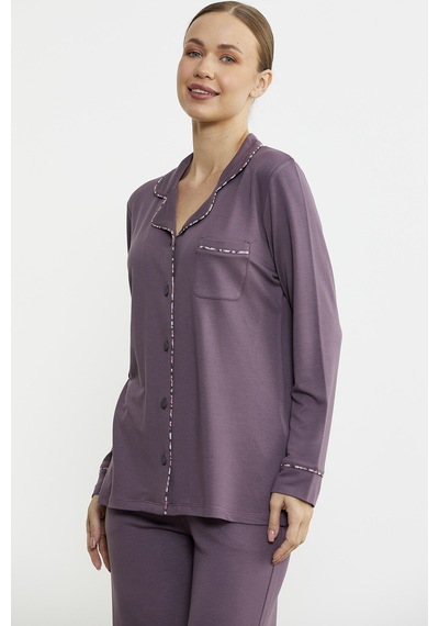 Sementa Düz Renk Gömlek Model Pijama Takım - Mor Mor