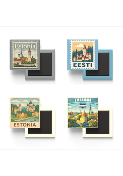 9x9 Cm Buzdolap Magnetleri - Estonya - Estonia - 4'lü Set Retrotik - 9x9 Cm