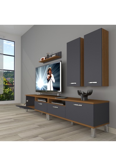 Decoraktiv Eko 5200d Mdf Krom Ayaklı Tv Ünitesi Tv Sehpası Ceviz - Antrasit
