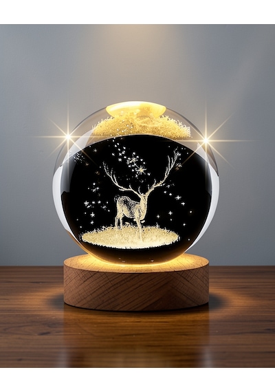 Led Işıklı Geyikli Kristal Küre, Ahşap Standlı Modern Dekor Lamba 0