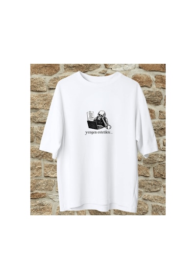 Qmen Style Unisex Beyaz Oversize Baskılı T-shirt Espirili Yengen Estetikte Baskılı %100 Pamuk