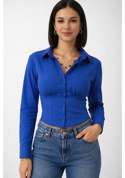 Trend Alisse Kadın Saks Mavi Vucuda Oturan Beli Lastikli Korse Crop Gömlek