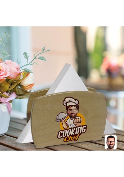 Kişiye Özel Erkek Chef Karikatürlü Lüks Ahşap Peçetelik-15 (511119640)