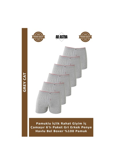 Grey Cat Pamuklu İçlik Rahat Giyim İç Çamaşır 6'lı Paket Gri Erkek Penye Havlu Bel Boxer %100 Pamuk