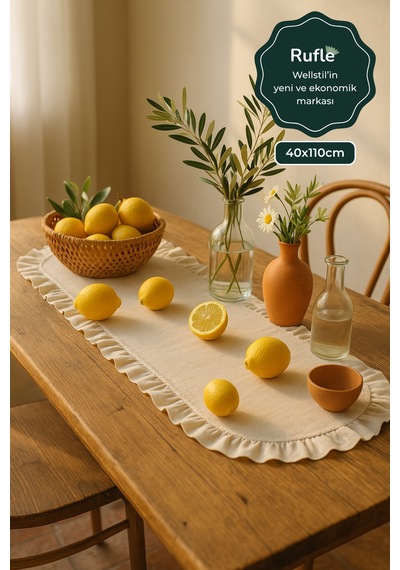 Eko Fırfırlı Keten Runner 40 X 110 Cm Bej