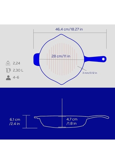 Lava Döküm Yuvarlak Izgara Tavası Döküm Demir Yekpare Saplı Edition Serisi Çap Ø 28cm Mavi