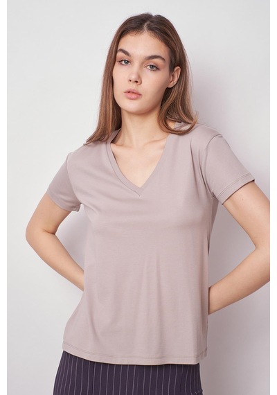 Jument Kadın V Yaka Kısa Kol Likralı Kumaş Şık T-shirt Bluz-gri Gri