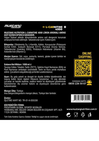 Mustang Nutrition L-carnitine 4000 Mg 1000 Ml 2 Li Avantaj Paketi 33 Servis Limon + 2 X L-karnitin Shot Hediyeli