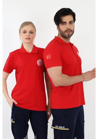 Acil Sağlık Yakalı Tshirt Kısa Kol - Kırmızı-12769 Kırmızı