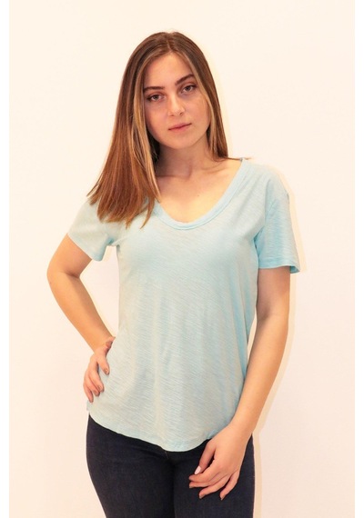 Rich Kadın Organik V Yaka T-shirt %100 Pamuk Tişört Mavi
