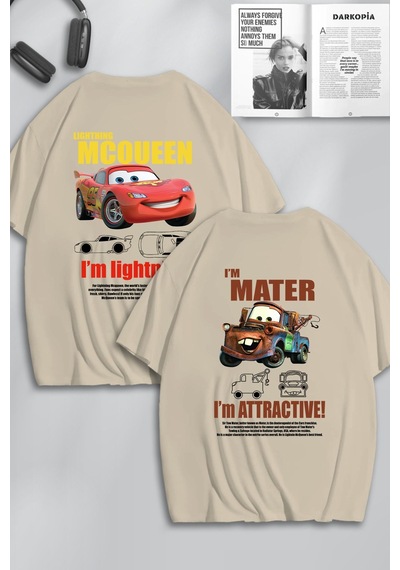 Unisex Cars Şimşek Mcqueen Ve Mater Sırt Baskılı Arkadaş Çift Kombini Tasarım Oversize T-shirt 2li Bej Mck0526 Bej