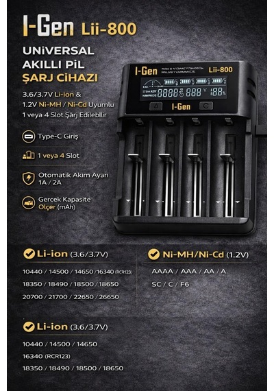 Batteries Lii-800 Akıllı Li-ion Pil Şarj Cihazı, Type-c Girişli, Lcd Ekranlı, 4 Slot Şarj, Li-ion & Ni-mh Uyumlu 18650/21700 / Aa/aaa