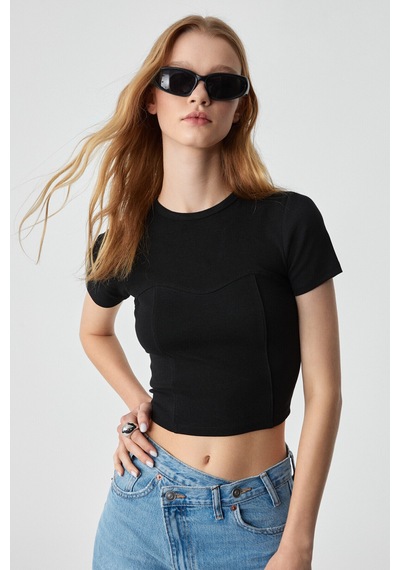 ETHIQUET CERAEN Kadın Slim Kısa Kol Bisiklet Yaka Siyah T-Shirt