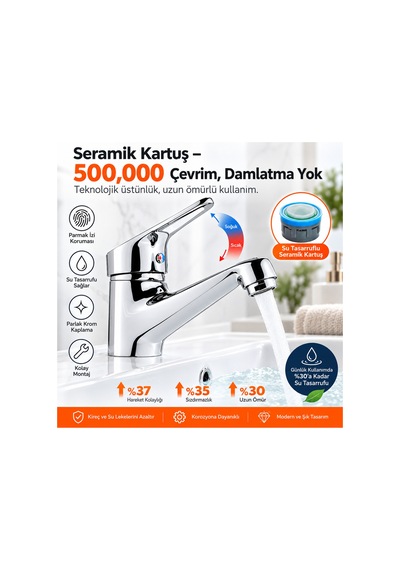 Krom Sabit Lavabo Bataryası Seramik Kartuş Su Tasarruflu Tek Kumandalı Banyo Musluğu Gümüş