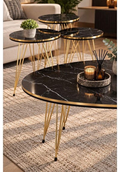Sulorahome Siyah Ve Gold Metal Tel Ayaklı 4'lü Sehpa Seti Siyah - Altın