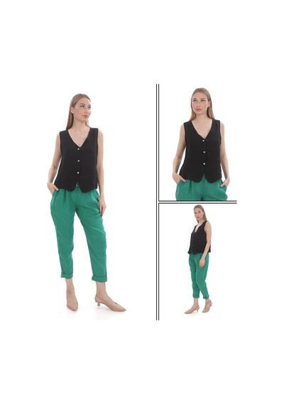 Bohem Stil Kadın Zaz İtalyan Keten Pantolon-9174 Yeşil