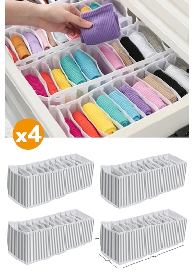 Esti 4 Adet - 11 Gözlü Çekmece Içi Akordiyon Organizer - Medium 15 X 44 X 17 Gri-beyaz-4m