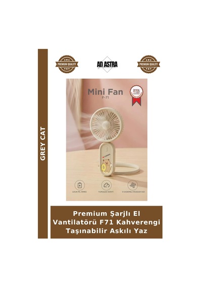 Premium Şarjlı El Vantilatörü F71 Kahverengi Taşınabilir Askılı Yaz