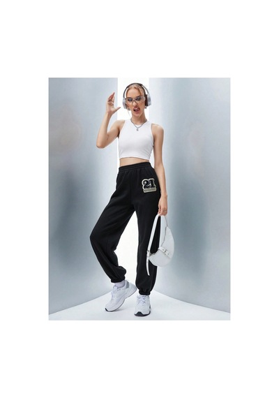 Tarzsokak Qutie Letter Graphic Elastic Waist 4 Mevsim Eşofman Siyah