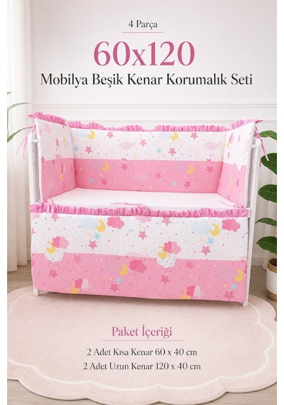 60x120 Mobilya Beşik Kenar Koruma Seti - 4 Parça Rüya Serisi Pembe Fırfırlı
