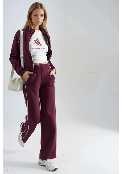 Fiolin Modal Dokulu Fermuarlı Sweatshirt & Pantolon İkili Takım Bordo