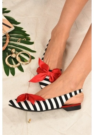 Fox Shoes Siyah/Beyaz/Kırmızı Kumaş Kadın Babet H726809004 Beyaz - Kırmızı