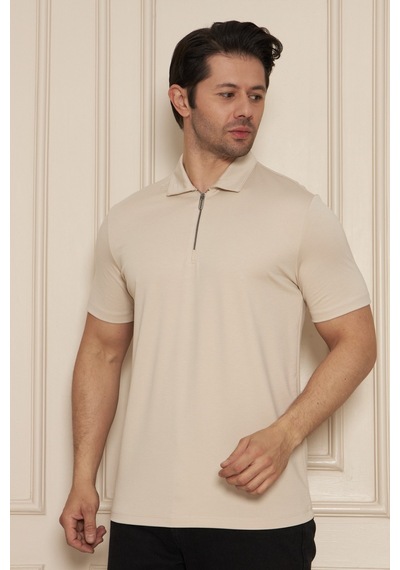 Jeuss Erkek Viscon Lina Kumaş Fermuarlı Yakalı Bej Tshirt