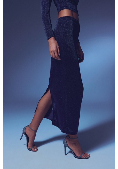 Sateen Simli Midi Etek - Lacivert-135384 Lacivert