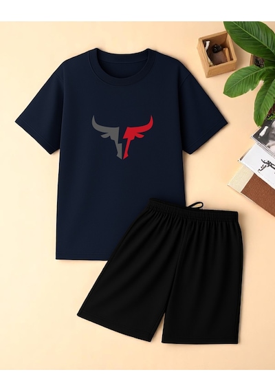 Uyguntarz Unisex Boğa Baskılı Tasarım Şort Takım Lacivert