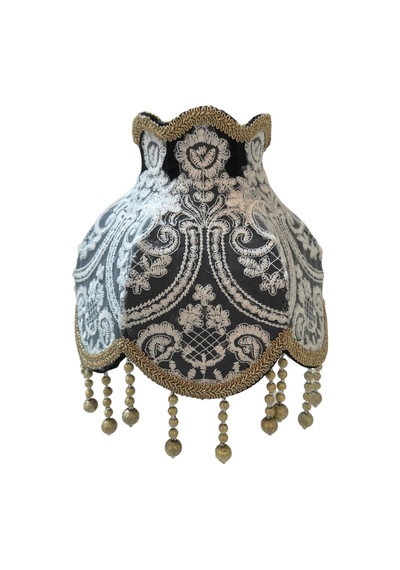 Koyu Füme Fransız Dantel Beyaz İşlemeli Kadife Başlık Gold İnci Ayaklı Klasik Model Abajur 50x25cm
