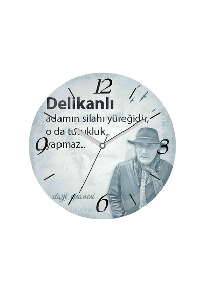Tuncel Kurtiz Delikanlı Adamın Silahı Yüreğidir Çap 30cm Sessiz Akar Bombeli Gerçek Cam Duvar Saati Gri