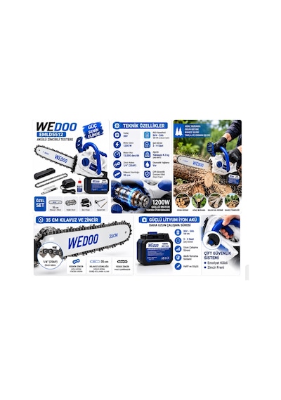 Algaride Wedo 36v 3ah Akülü Zincirli Testere 1200w Güç 13.000 Rpm 35 Cm Kılavuz 1/4 Zincir Bahçe Dal Ve Odun Kesim Makinesi