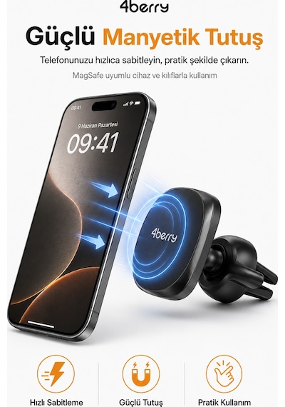 Magsafe Uyumlu Manyetik Araç Telefon Tutucu Havalandırma Izgarası, 360 Döner Başlık