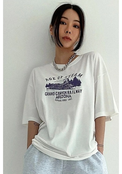 Unisex Age Of Steam Baskılı Tasarım Tshirt Beyaz