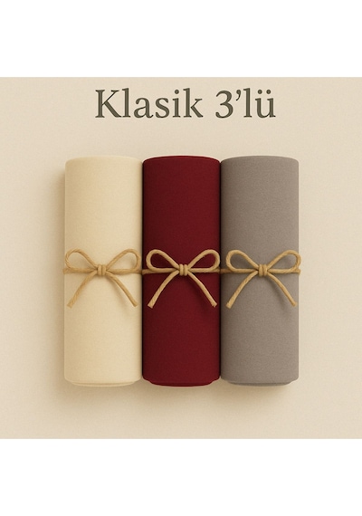 Mim Eşarp Penye Pamuksu Şal Klasik 3 Lü Set Bej - Bordo - Taş