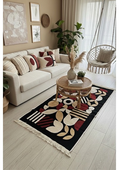 Modern Bohem Desenli Makinede Yıkanabilir Çift Taraflı Günlük Kullanıma Uygun Kilim Renkli