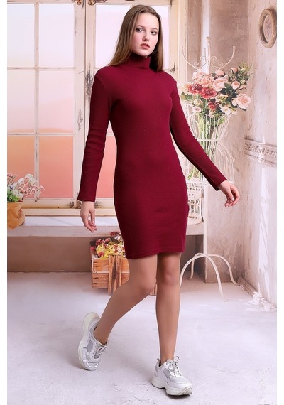 Self Clothing Kadın Bordo Balıkcı Yaka Petek Kumaş Elbise Slf1370 Bordo