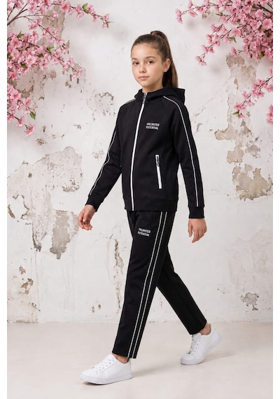 Pina Kids Kız Çocuk Unlimited Şeritli Kapüşonlu Düz Paça Reglan Kol Dalgıç Kumaş Eşofman Takımı Esf7013 siyah