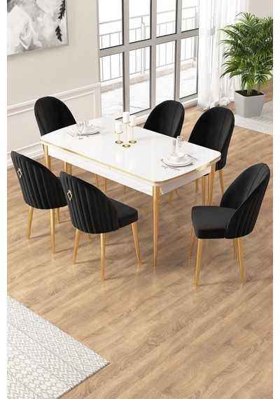 Canisa Edaf Serisi 80x132 Açılabilir Beyaz Mutfak Masa Takımı 6 Siyah Sandalye Gold Detay Masa Beyaz Sandalye Cappucino Ayak Gold Canisa Edaf Serisi 80x132 Açılabilir Beyaz Mutfak Masa Takımı 6 Siyah Sandalye Gold Detay Masa Beyaz Sandalye Cappucino Ayak Gold