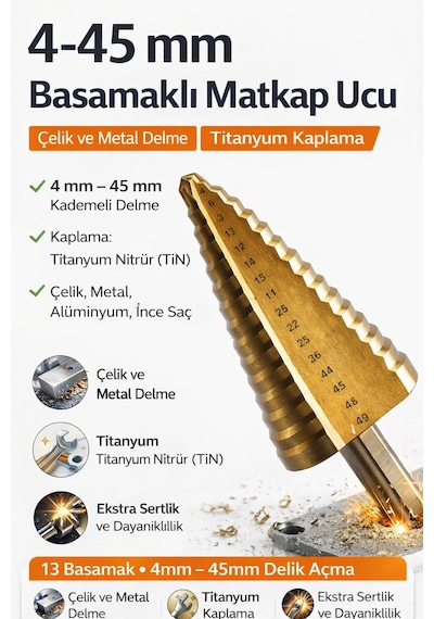 Senbang Basamaklı Matkap Ucu 4 39 / 4 45 / 4 52 Mm Titanyum Kaplama Çelik & Metal Delme