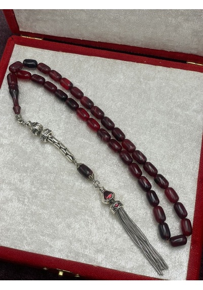 Alpaka Zincir Püsküllü Sıkma Kehribar Tesbih Bordo, 7x11 Mm