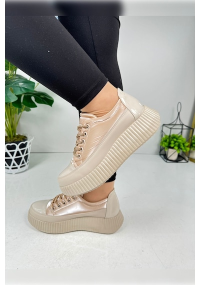 Günlük Kadın Sneaker Taşlı Bağcıklı Tırtıklı Kalın Taban Rugan Oval Burunlu Hafif Spor Ayakkabı 77504 Bej Günlük Kadın Sneaker Taşlı Bağcıklı Tırtıklı Kalın Taban Rugan Oval Burunlu Hafif Spor Ayakkabı 77504 Bej