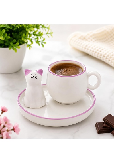 Kedi Figürlü Lila Renk Seramik Espresso Fincanı Ve Tabak Seti Sevimli Tasarım Mini Kahve Fincanı Çok Renkli