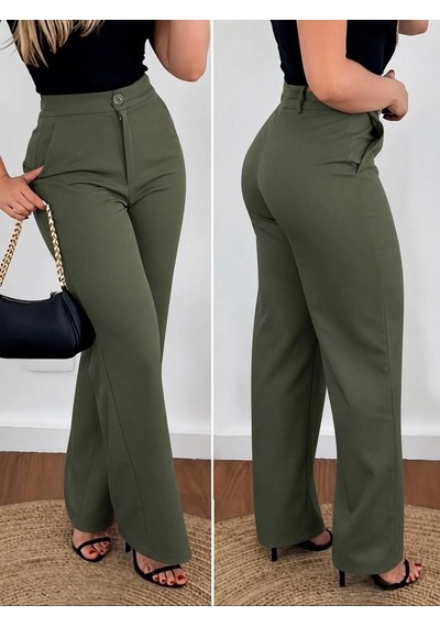 DefyModa Kadın Yüksek Bel Kemersiz Atlas Pantolon Haki