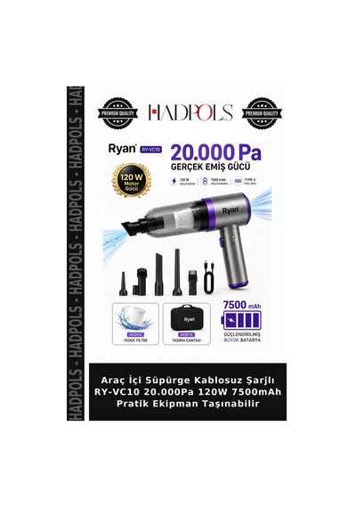 Araç İçi Süpürge Kablosuz Şarjlı Ry-vc10 20.000pa 120w 7500mah Pratik Ekipman Taşınabilir