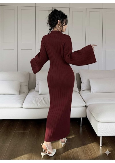 Sayzen Your Shine Gömlek Yaka Düğmeli Saç Örgülü Triko Elbise Sy-2515 Bordo