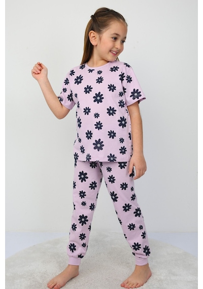 Zuzunga Mor Papatya Desenli T-shirt-şort Kız Çocuk Pijama Takımı Lila